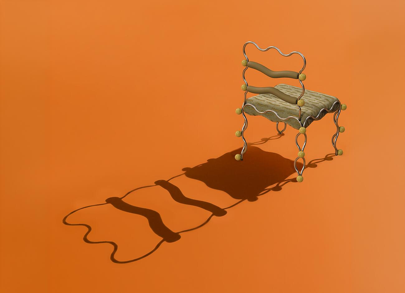 Vela dining chair High-angle, full-shot perspective of the vela dining chair by malabar, showcasing its sculptural silhouette. The dramatic lighting casts a long, distinct shadow that replicates the wavy, fluid form of the chair's backrest and legs across the surface.