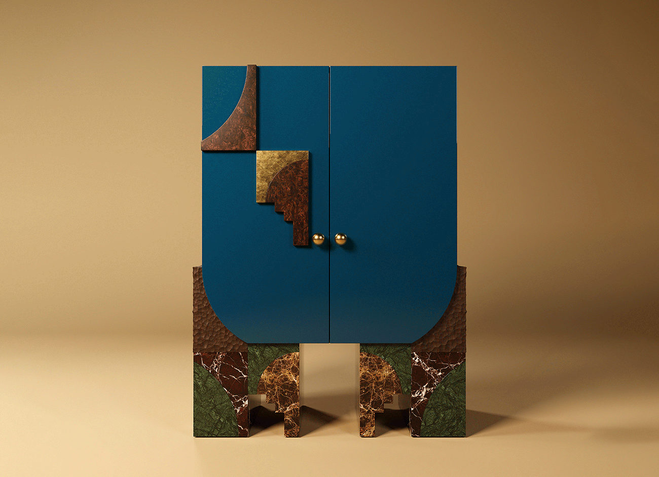 A direct, full-length photograph of the malabar arkos bar cabinet against a warm, neutral studio background. The blue-lacquered cabinet doors feature geometric inlays of marble and brass, matching the base structure's composition of green, gold, and red-brown marble sections and hand-carved wood.