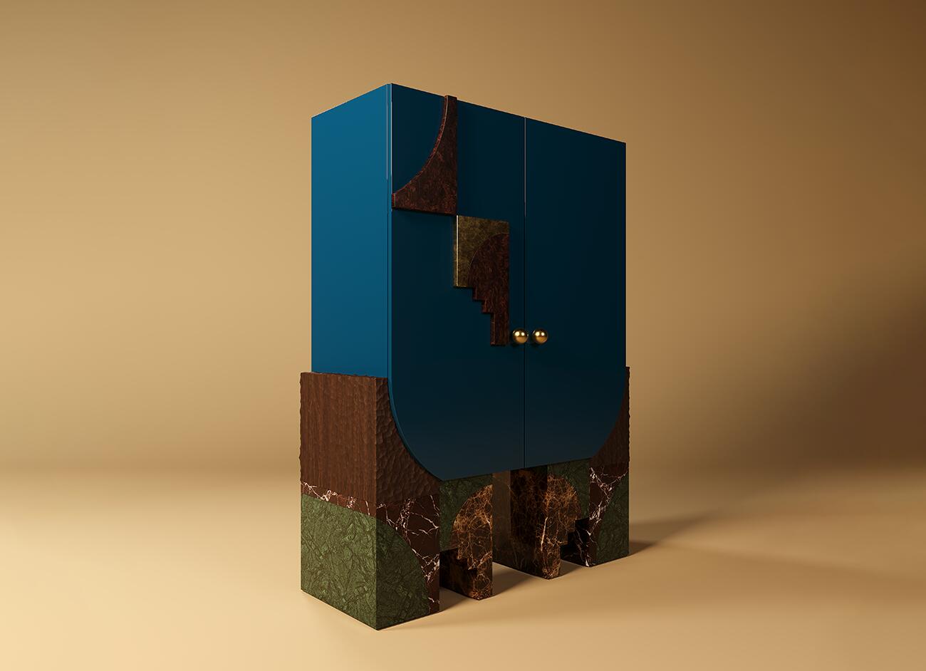 A three-quarter view of the malabar arkos bar cabinet from the front-left, emphasizing its volumetric form and the sculptural depth of the base. This angle provides a clearer look at the way the deep blue cabinet interacts with the textured wood and segmented marble base, under focused studio lighting.