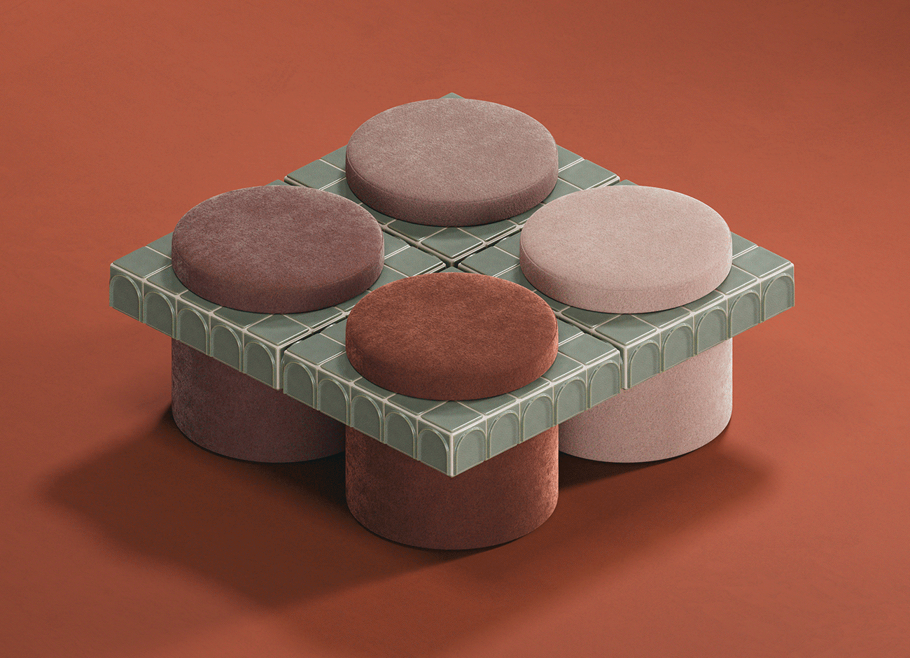 Enigma i stool An oblique top-down perspective view of a modular configuration of four round stools. A central square platform of light green ceramic tiles (barro. - iced) is surrounded by four individual stools, each with a cylindrical base and a circular, velvet fabric seat in distinct warm tones: deep chocolate brown, deep mauve, dusty rose (vintage rose), and a muted terracotta (paprika). A prominent square collar of light green ceramic tiles with a detailed arched relief pattern frames the tile platform. The assembly is presented on a smooth, terracotta-colored surface, which matches the warm tones of the stools. Soft lighting casts delicate shadows.