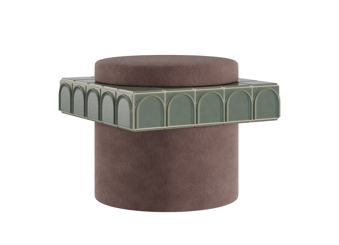 Enigma i stool A side profile view of a circular stool with a vintage rose fabric seat (kirkby design - rest fr - vintage rose - k5266/06) and base. A prominent square trim made of iced-colored ceramic tiles with a detailed arched design encircles the center. Set against a white background.