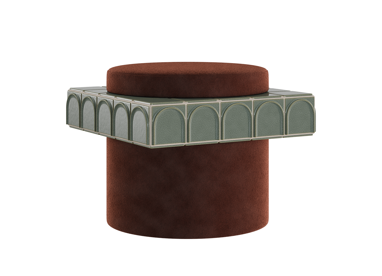 Enigma i stool A side profile view of a circular stool with a paprika fabric seat (kirkby design - rest fr - paprika - k5266/13) and base. A prominent square trim made of iced-colored ceramic tiles with a detailed arched design encircles the center. Set against a white background.