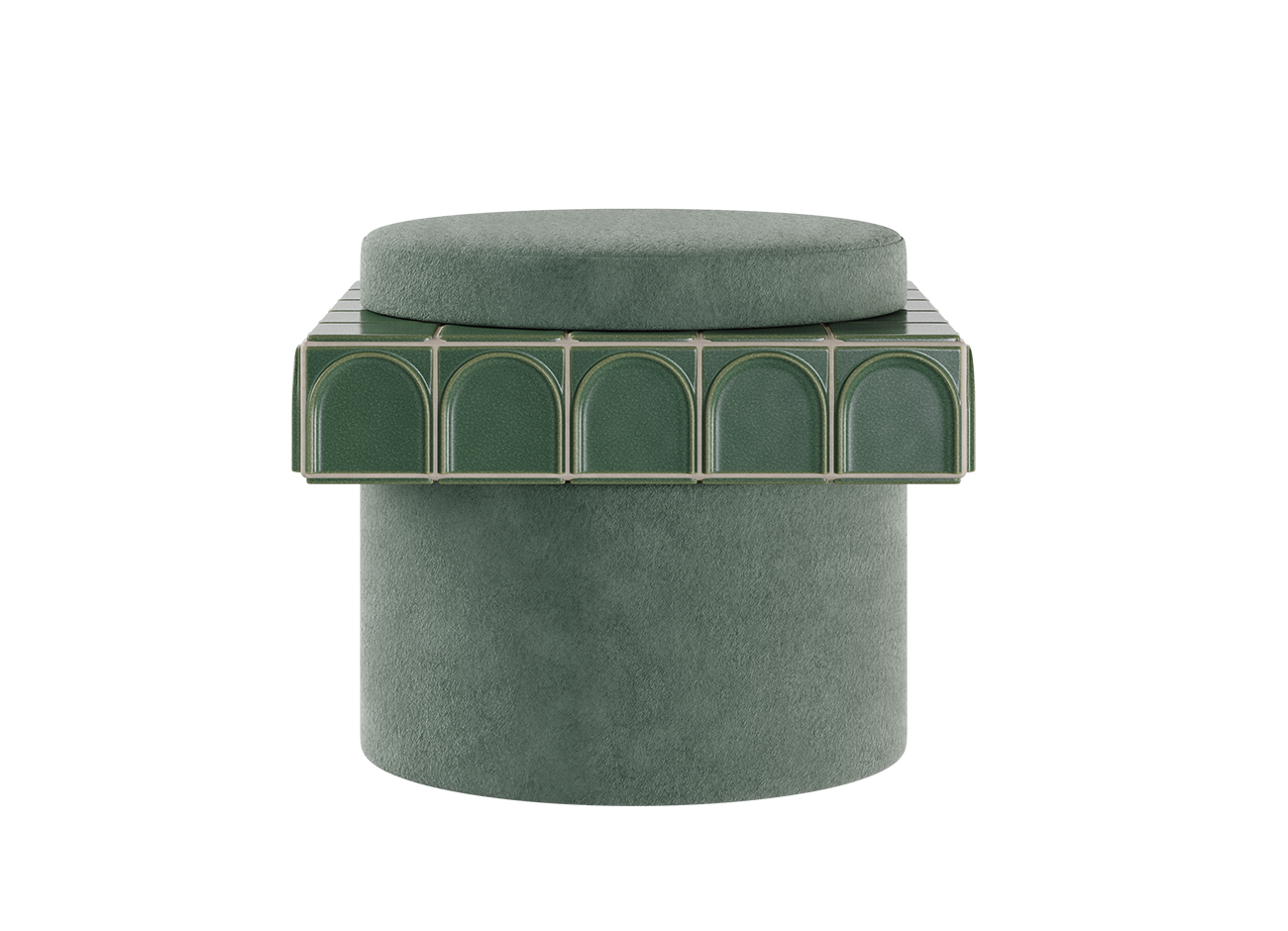 Enigma i stool A direct front-on side view of a circular stool featuring a soft jade fabric seat and base (kirkby design - rest fr - soft jade - k5266/09). The central band is composed of green, arch-patterned ceramic tiles (barro. - emerald), presented in a symmetrical, square formation. Set against a white background.