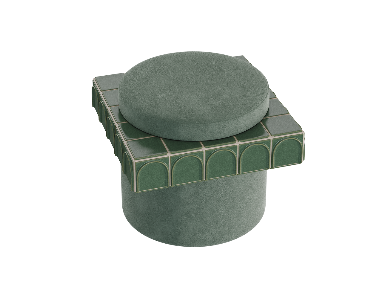 Enigma i stool A three-quarter high-angle shot looking down at a circular stool, highlighting its circular soft jade fabric seat (kirkby design - rest fr - soft jade - k5266/09) and the complex, square-framed trim made of emerald green ceramic tiles (barro. - emerald) with arched patterns. The soft jade fabric base is visible below. Set against a white background.