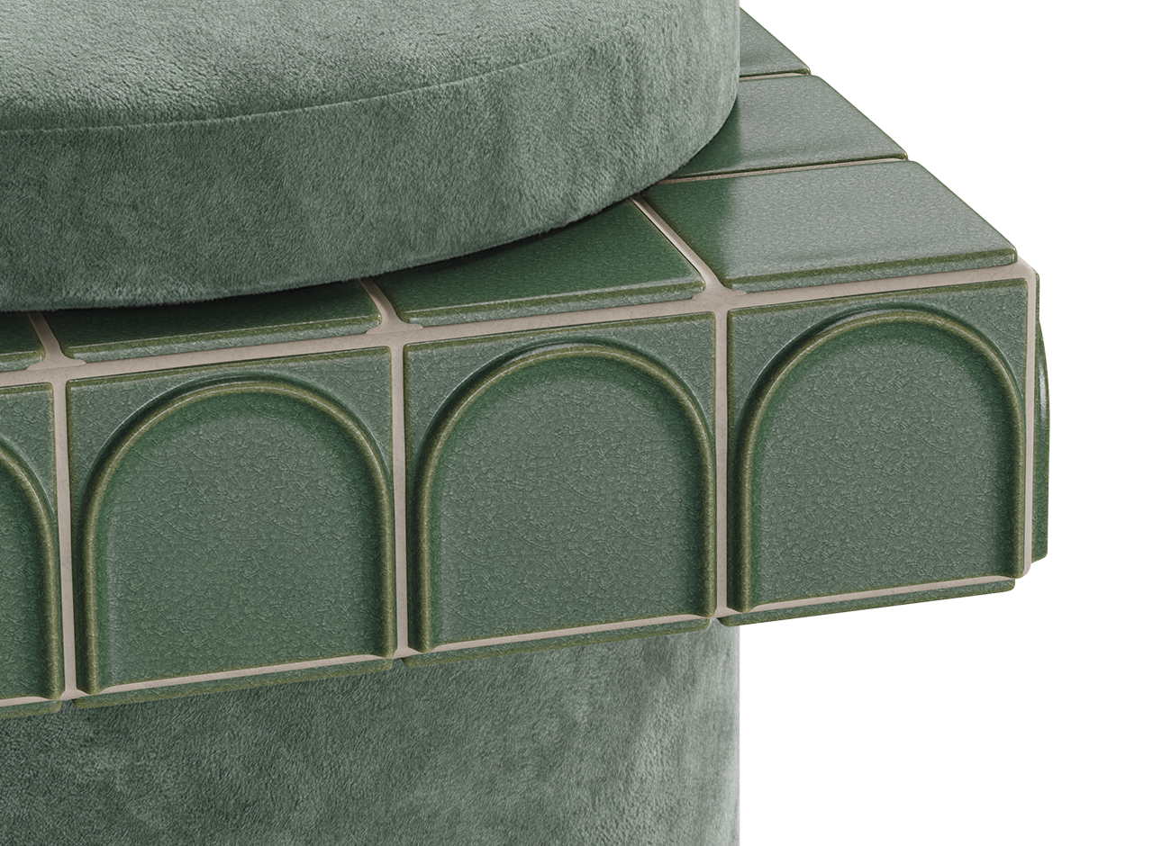 Enigma i stool A close-up detail shot focusing on the transition between the circular soft jade fabric seat (kirkby design - rest fr - soft jade - k5266/09) and the intricate, emerald green ceramic tiles (barro. - emerald) with their distinctive arched relief pattern. The texture of the velvet-like fabric and the glaze of the tiles are prominent. Set against a white background.