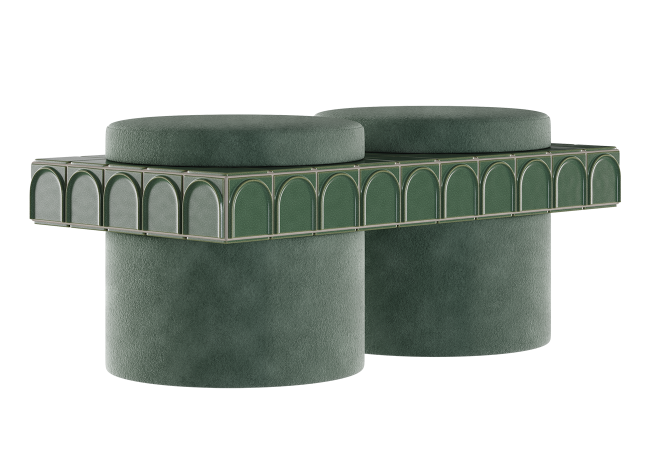 Enigma ii stool Side view of the enigma ii double stool by malabar, featuring two cylindrical bases and round seat cushions upholstered in soft jade green velvet. A rectangular shelf tiled with glossy emerald green ceramic tiles and arched relief patterns sits horizontally between the lower bases and the top cushions, set against a clean white background.