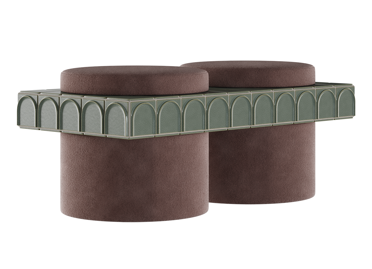 Enigma ii stool Three-quarter view of the enigma ii stool by malabar in option 1. The cylindrical bases and round top cushions are upholstered in dusty vintage rose pink velvet, intersected by a tiled platform made of glossy, pale iced grey-green ceramic tiles with arched decorative trim.