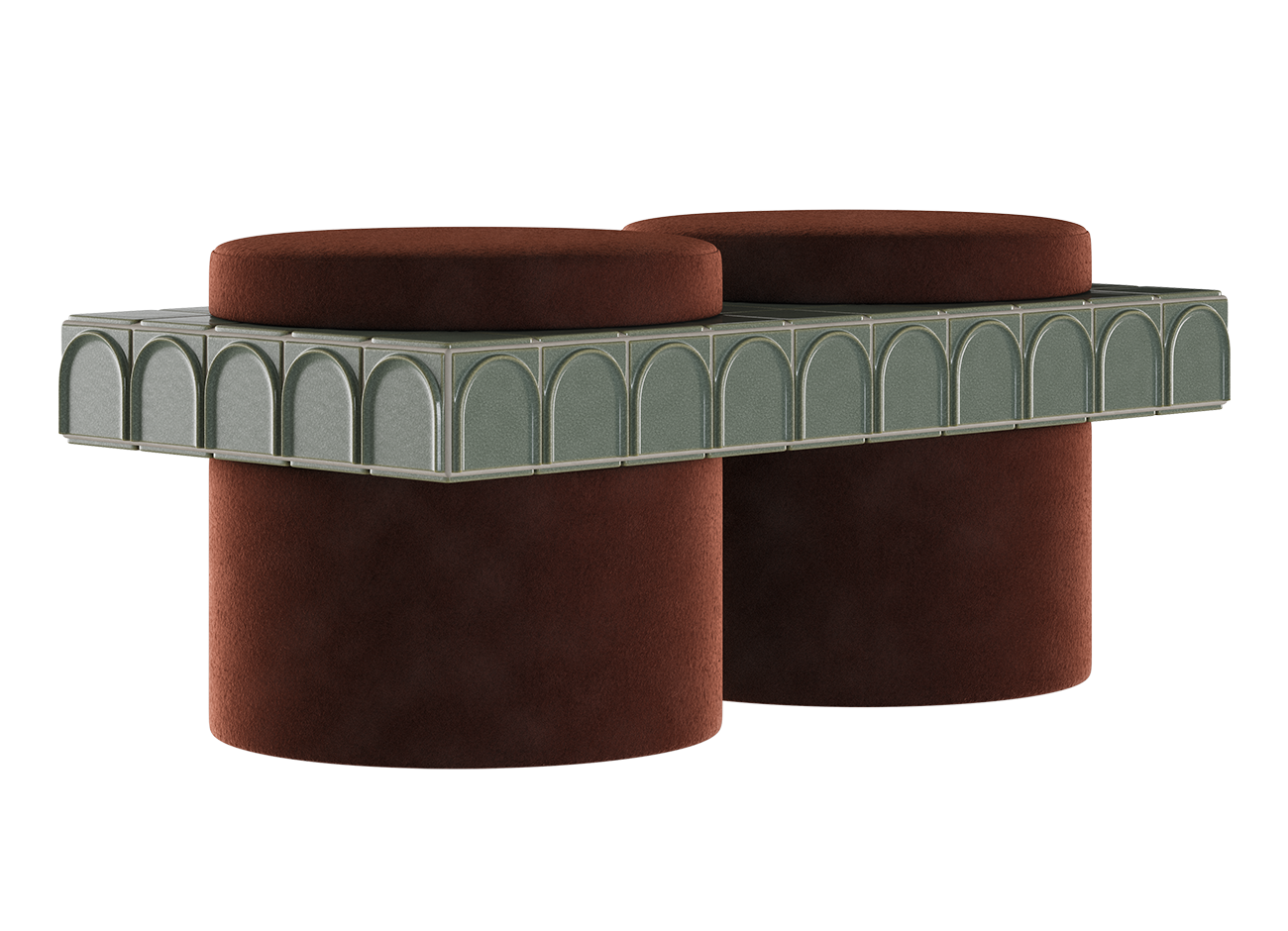 Enigma ii stool Three-quarter view of the enigma ii stool by malabar in option 2. The twin cylindrical bases and seat pads are upholstered in a rich, dark paprika reddish-brown velvet, contrasted by a horizontal belt of pale, glossy iced grey-green ceramic tiles featuring decorative relief arches.