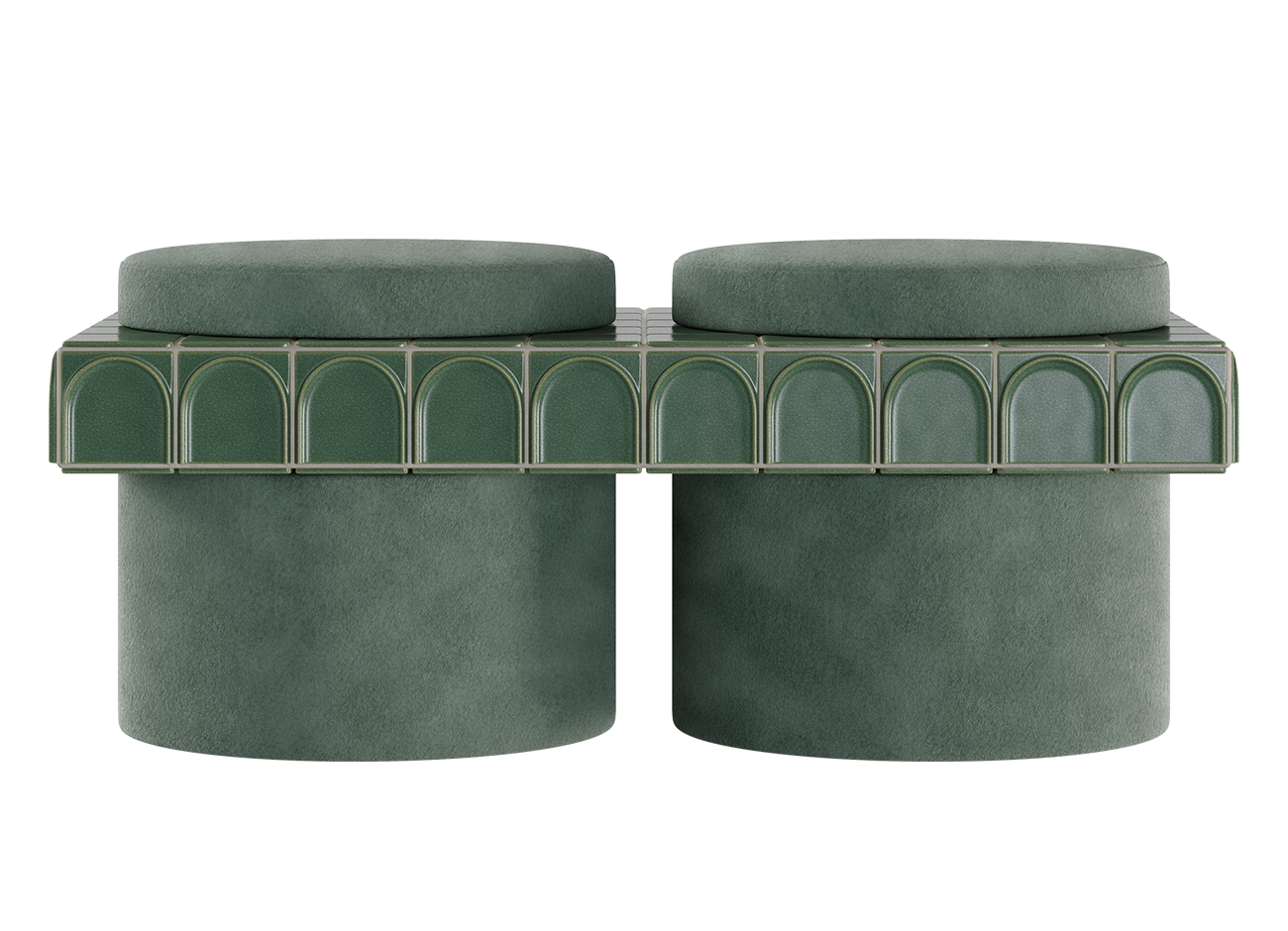 Enigma ii stool Front view of the enigma ii double stool by malabar, featuring two cylindrical bases and round seat cushions upholstered in soft jade green velvet. A rectangular shelf tiled with glossy emerald green ceramic tiles and arched relief patterns sits horizontally between the lower bases and the top cushions, set against a clean white background.