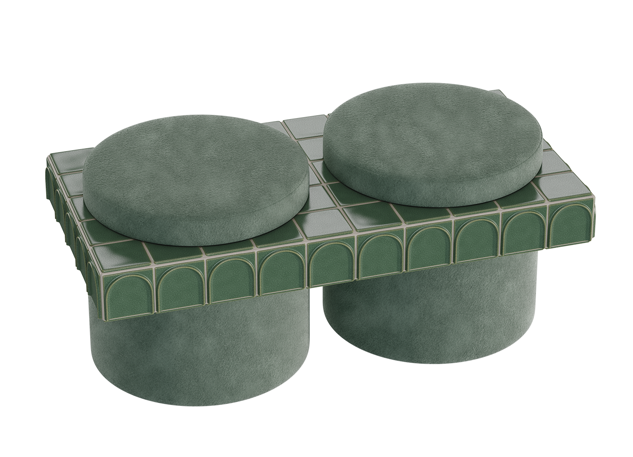 Enigma ii stool High-angle studio shot of the enigma ii stool in its standard green finish. The design highlights two round soft jade upholstered seats emerging from a platform lined with emerald green square tiles on top and decorative arched tiles along the vertical edge.