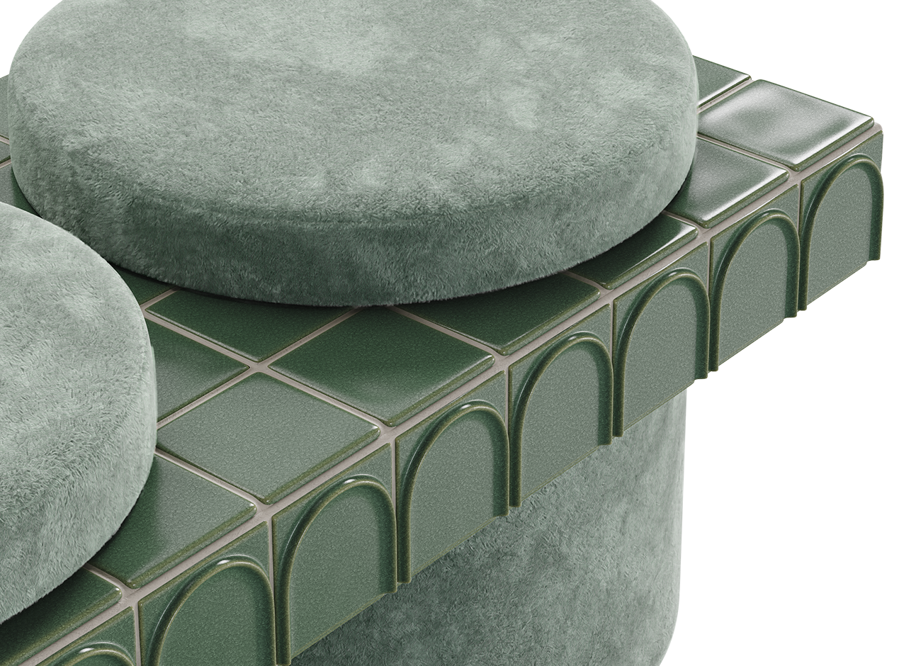 Enigma ii stool Close-up details of the enigma ii stool's standard finish. It showcases the plush texture of the soft jade velvet cushion next to the glossy, crackled glaze of the emerald green ceramic tiles with a relief arch design along the rim.