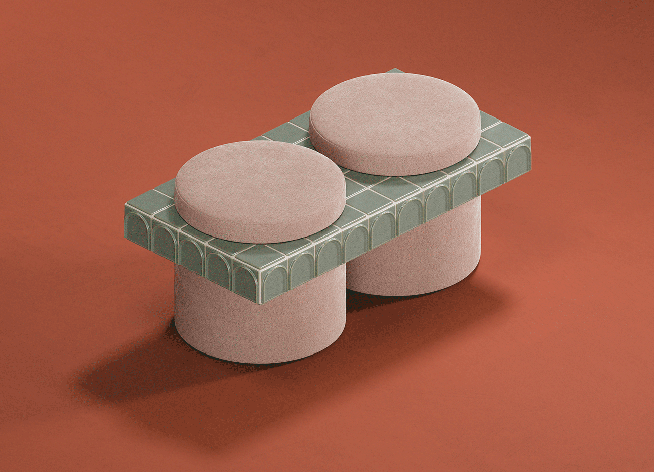 Enigma ii stool Three-quarter studio view of the enigma ii stool in the standard finish, showcasing the monolithic structure of the twin soft jade velvet cylinders intersected by the emerald green tiled horizontal band.