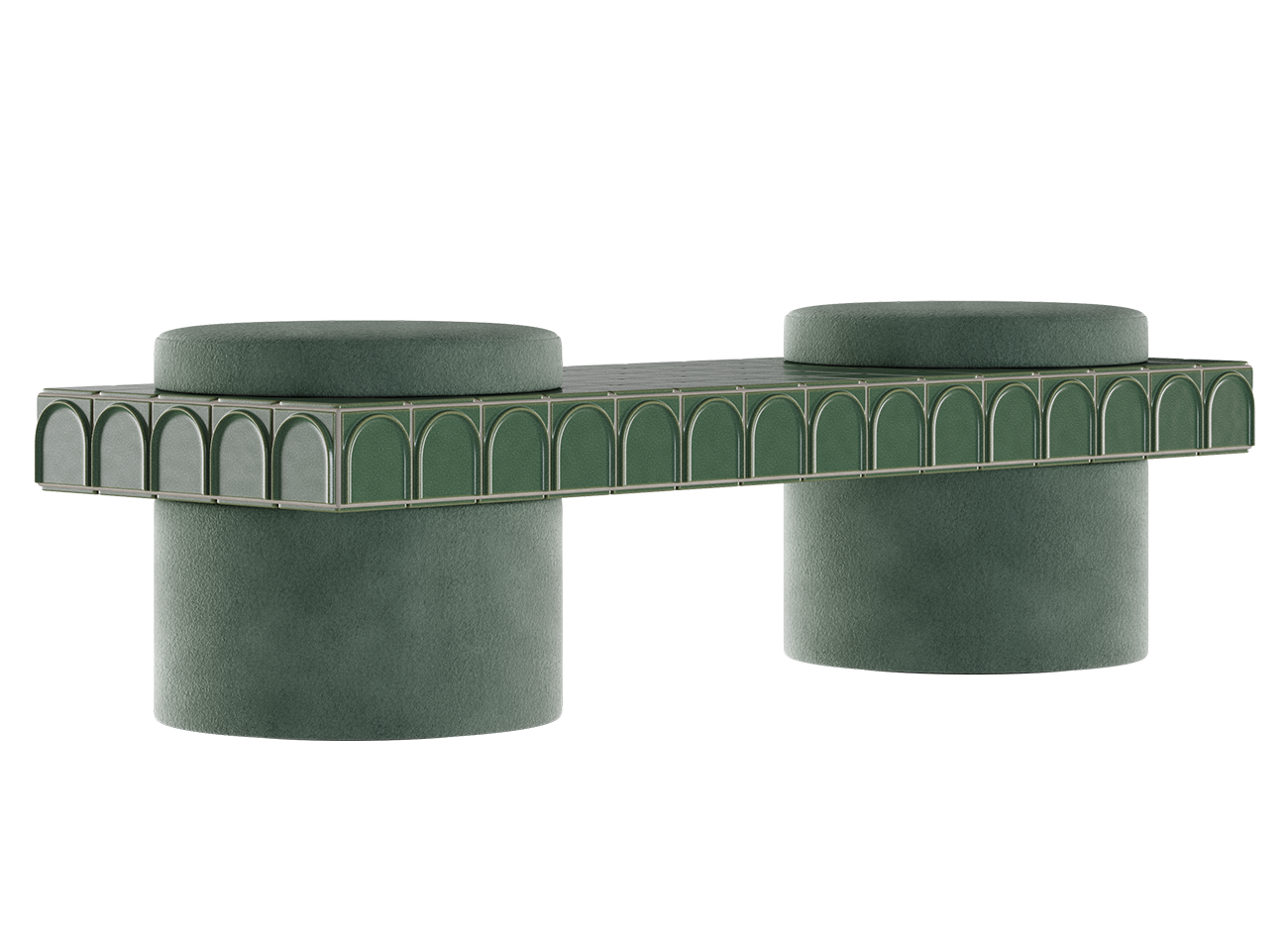 Enigma iii stool Modern enigma iii double stool by malabar, featuring two cylindrical bases upholstered in soft jade green fabric, connected by a rectangular bridge clad in emerald green ceramic tiles with arched decorative trim on the sides, shown from a front-side angle against a white background.