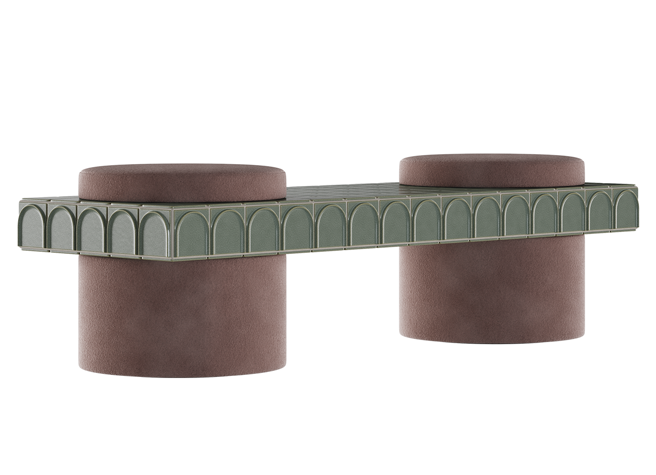 Enigma iii stool Modern enigma iii double stool by malabar in option 1 finish, featuring two cylindrical bases in vintage rose pink fabric, paired with a horizontal bridge covered in muted, pale green iced ceramic tiles with an arched border, against a white background.