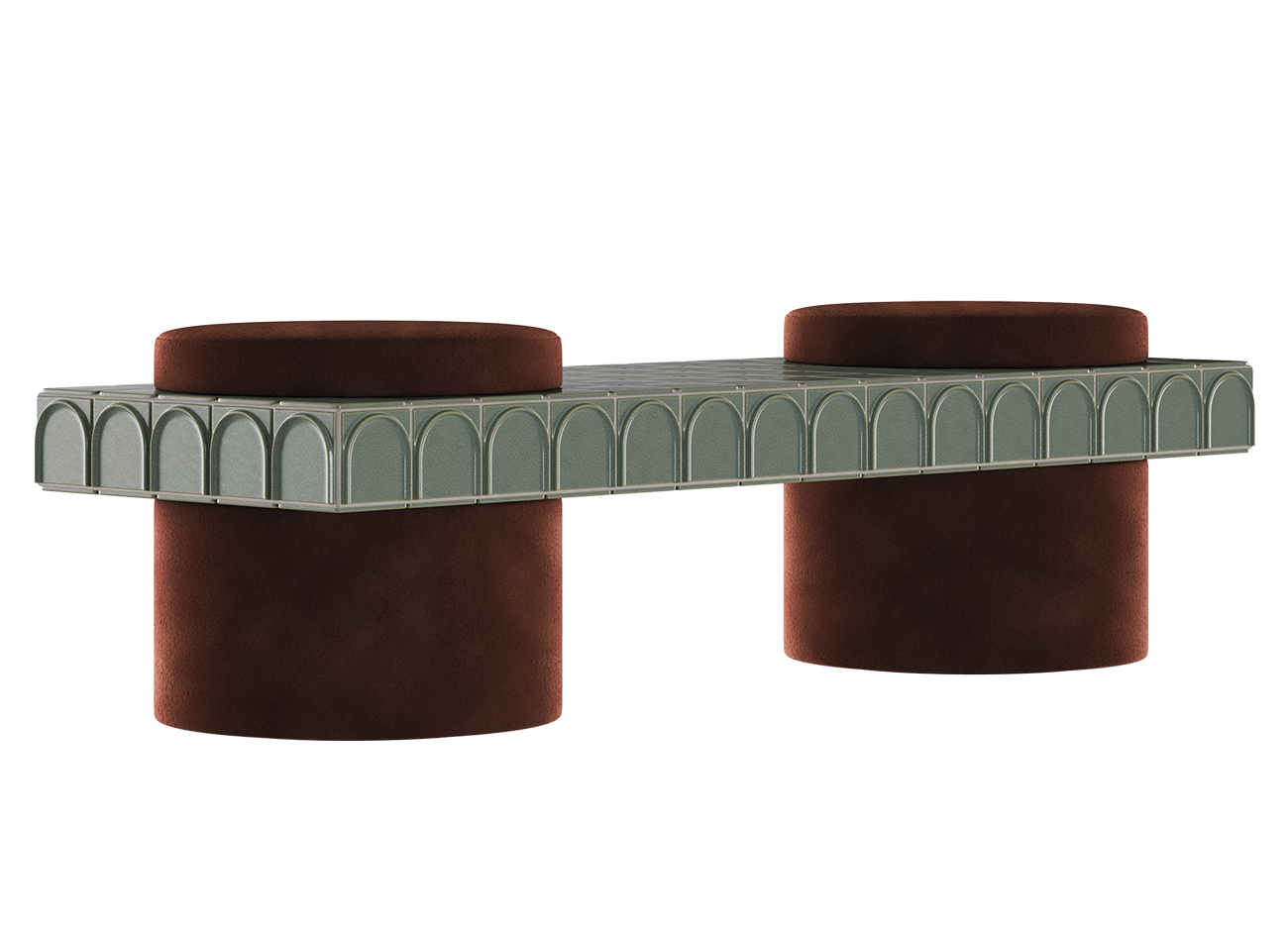 Enigma iii stool Modern enigma iii double stool by malabar in option 2 finish, displaying two cylindrical bases in deep paprika reddish-brown fabric, intersected by a horizontal bridge clad in pale green iced ceramic tiles with elegant arched relief detailing.