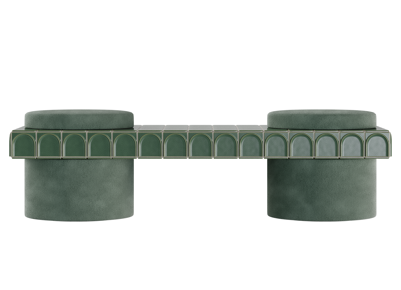 Enigma iii stool Front view of the modern enigma iii double stool by malabar in standard finish, showcasing two soft jade green fabric cylindrical bases supporting a flat, emerald green tiled platform decorated with a continuous row of ceramic arches.