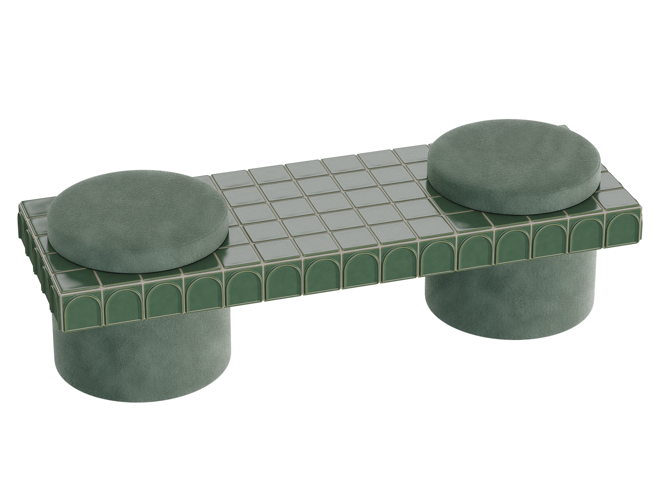 Enigma iii stool High-angle view of the enigma iii stool by malabar, highlighting the grid pattern of the glossy emerald green ceramic tiles on the horizontal bridge, contrasting with the soft texture of the round, soft jade fabric seats.