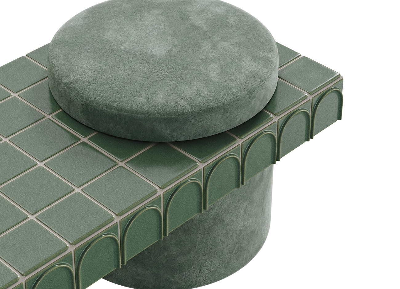 Enigma iii stool Extreme close-up of the enigma iii stool, showcasing the detailed texture of the round soft jade green fabric seat and the glossy emerald green square ceramic tiles with elegant arched border trim.