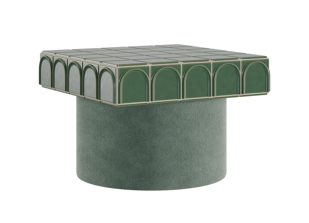 Enigma side table A three-quarter view from the front-left of the enigma side table by malabar. This image displays the standard version: the square table structure, including the tiled surface and arched trim, is covered in emerald (green) barro. Tiles, and the round pedestal base is upholstered in soft jade (light green) kirkby design fabric. It's set against a plain white background.