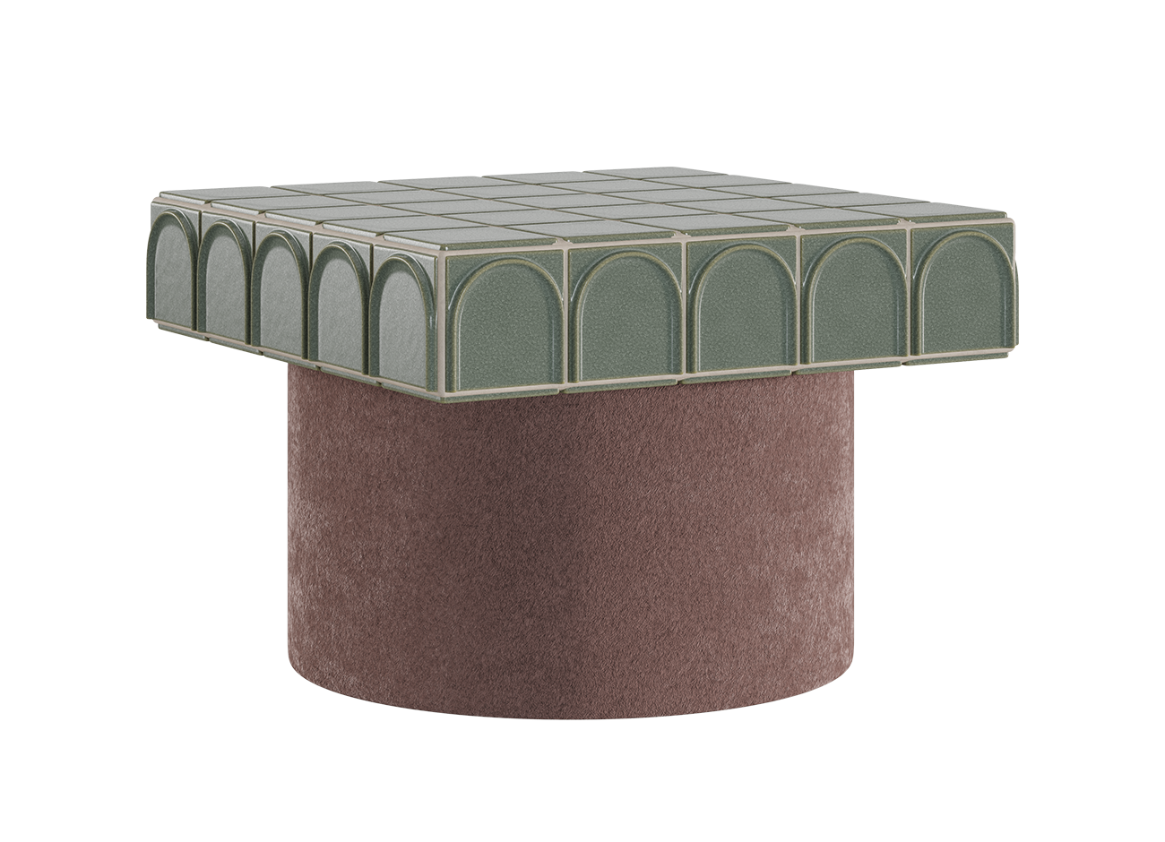 Enigma side table A detailed three-quarter front-left view of the enigma side table in option 1 finishes, featuring iced (pale pink) barro. Tiles on the surface and arches, and a circular base upholstered in vintage rose (muted pink) kirkby design fabric, all against a clean white background.
