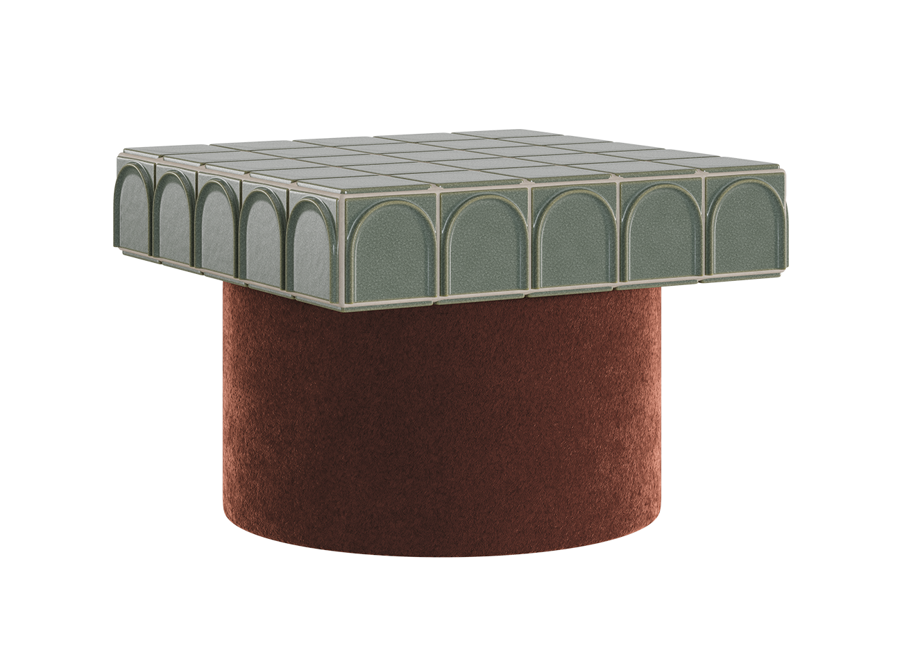 Enigma side table A detailed three-quarter front-left view of the enigma side table, showcasing a specific custom configuration from option 2, featuring iced (pale pink) barro. Tiles on the surface and arches, and a circular base upholstered in paprika (terracotta orange) kirkby design fabric, all against a clean white background.