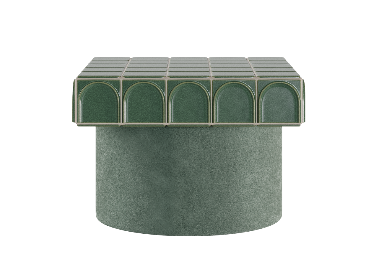 Enigma side table A straight-on side view of the enigma side table, showcasing the precise geometry. This standard version features the tiled top and arched edge details in emerald barro. Green tiles, and the round central base upholstered in soft jade kirkby design green fabric, isolated on a white background.