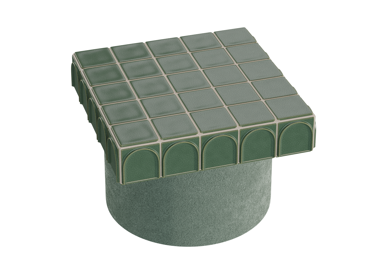 Enigma side table A three-quarter high-angle view looking down at the standard enigma side table, highlighting the square, patterned grid of the emerald barro. Green tiles on the surface and the repeating arched tile trim. The soft jade kirkby design green fabric-covered base is visible below, all set against a white background.