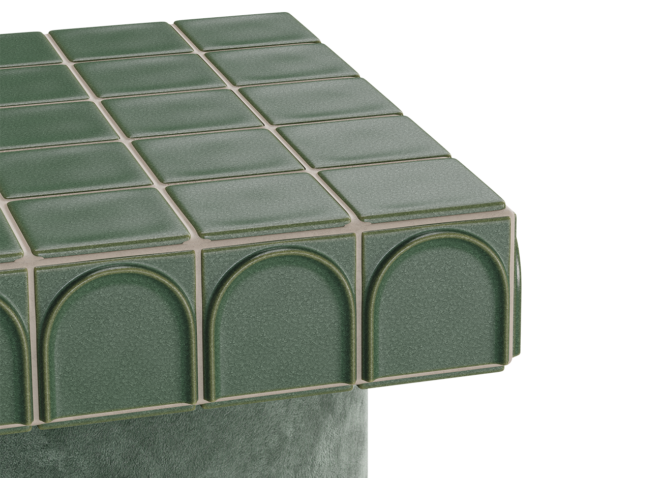 Enigma side table An extreme close-up detail shot of the corner of the standard enigma side table, showing the texture and pattern of the green emerald barro. Tiles on the surface and the precise shape of the green tiled arches along the side. The soft jade green kirkby design fabric base is partially visible at the bottom edge, on a white background.