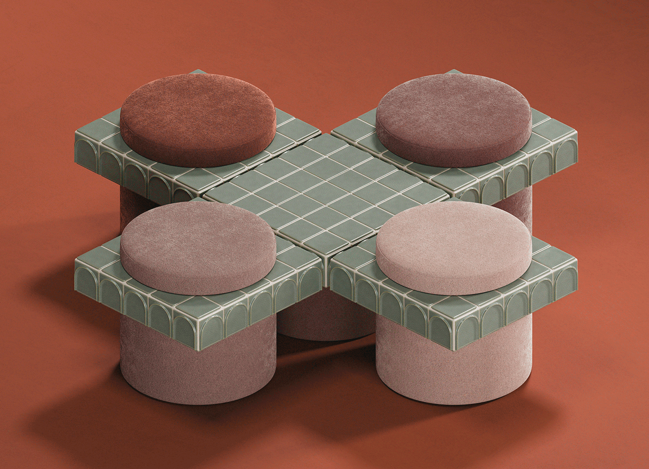 Enigma side table A high-angle, isometric view of four enigma side tables arranged symmetrically on a warm, rusty-orange surface. The central grid of tiles is formed by the green emerald barro. Tops of the tables. Around the core, round stools upholstered in different colored fabrics are integrated: one in vintage rose and two in other options, highlighting the potential for large, modular configurations. This image effectively showcases the different available colors of the collection.