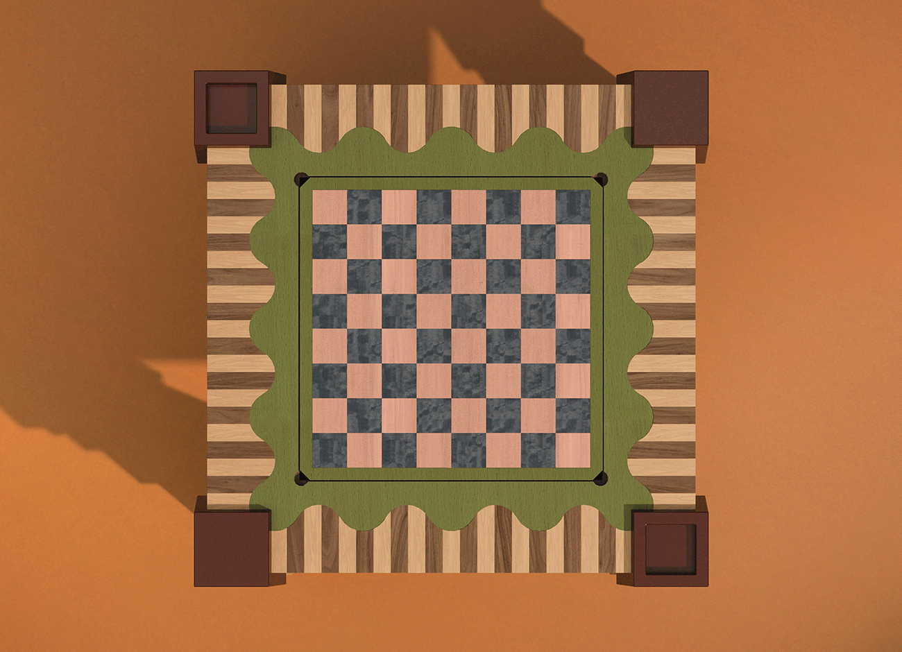 Top-down view of the Metaphorm Game Table on an orange background, showing the diffent table configurations.