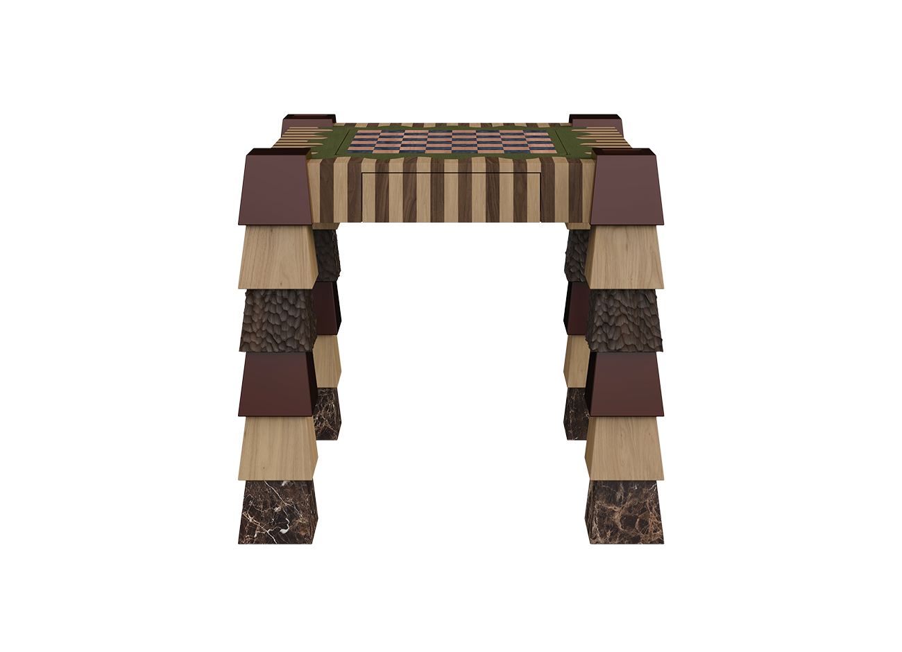 Front view of the Metaphorm Game Table on a white background, showing the symmetrical stacked legs of natural oak, hammered wood, lacquered wood and Emperador marble, with the striped drawer front and chessboard top.