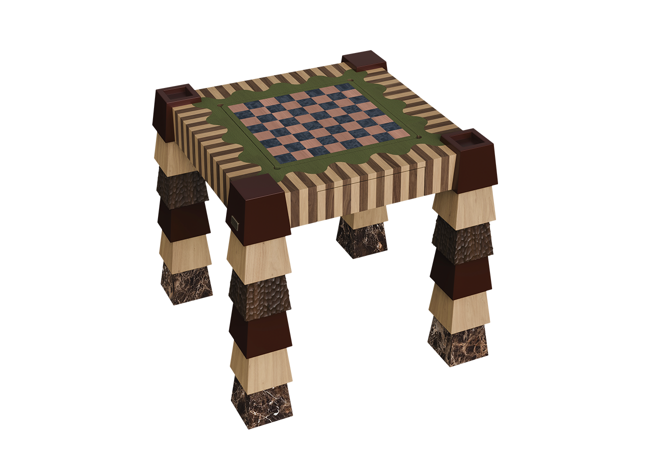 Metaphorm Game Table by Malabar in three-quarter view, with a chessboard of salmon-pink and slate-blue squares set in a scalloped green surround, a striped walnut and natural oak tabletop, and four stacked legs ending in Emperador marble feet.