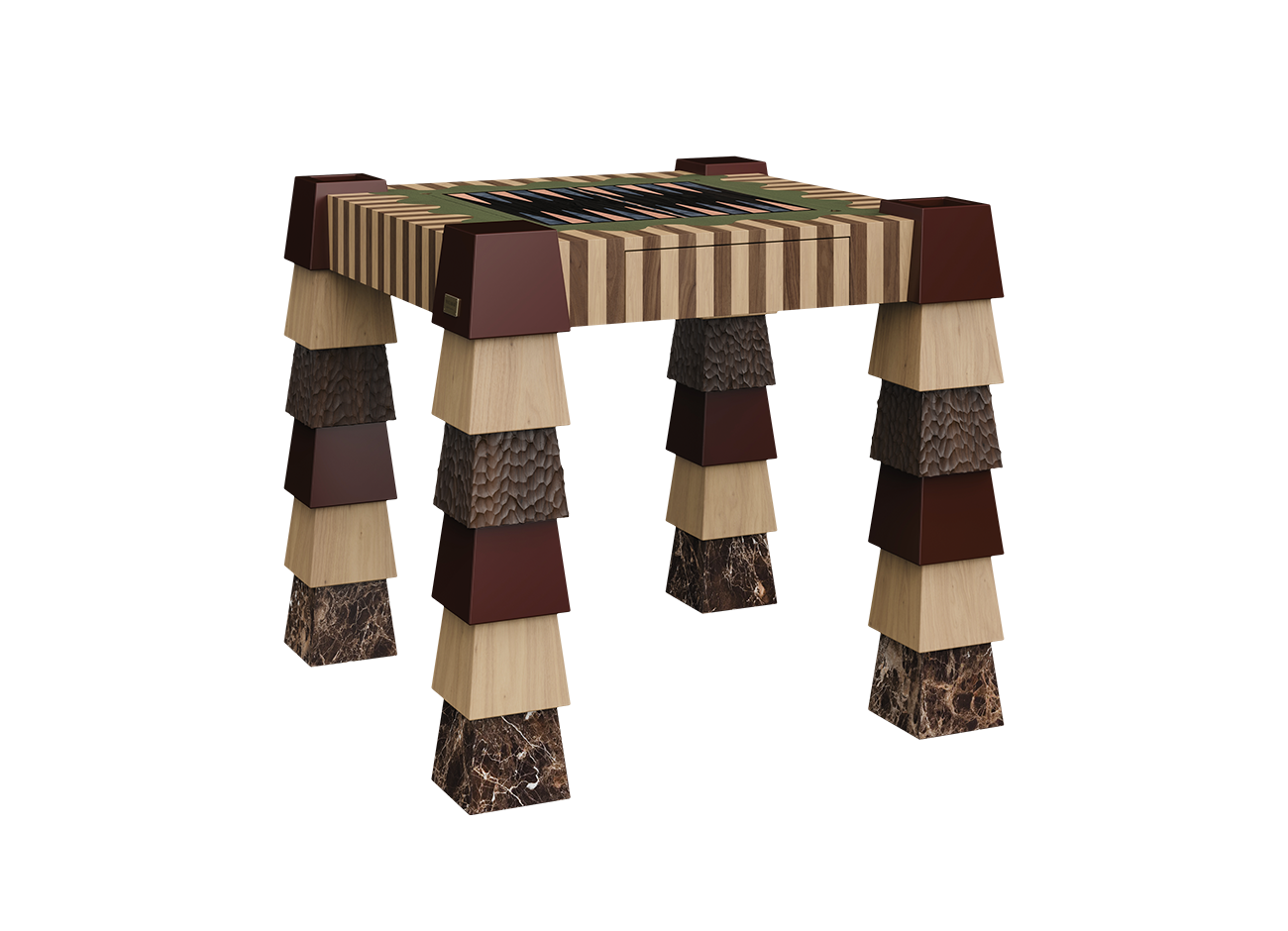 Metaphorm Game Table by Malabar in front three-quarter view, with the tabletop turned to its backgammon side, showing triangular points in copper and blue, striped walnut and oak edges, and tiered legs of lacquered wood, natural oak, hammered wood and Emperador marble.