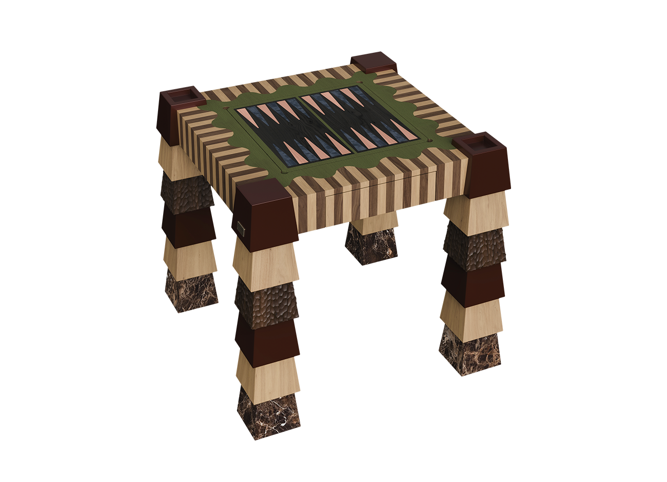 Metaphorm Game Table by Malabar, three-quarter view of the backgammon side, with copper and blue triangular points on a dark inlaid board, a green scalloped surround, and square lacquered corner cups on top of the legs.