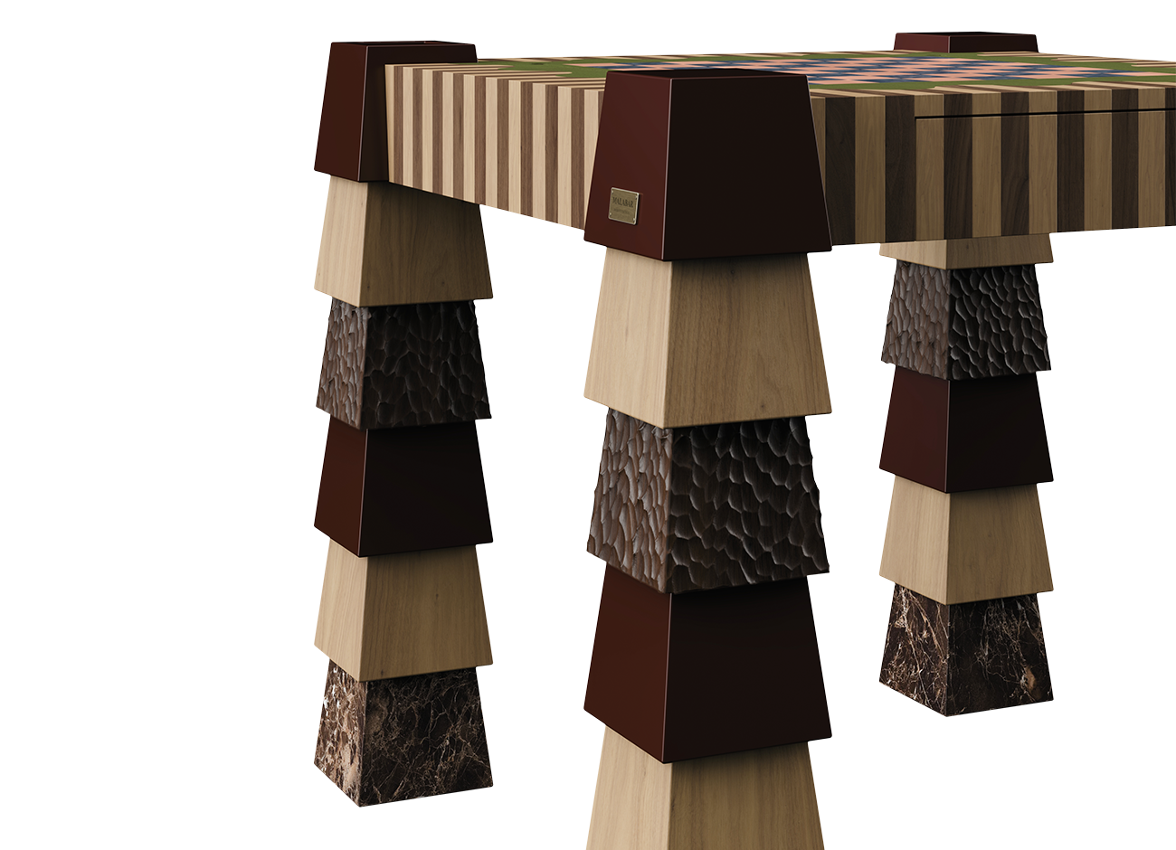 Close-up of the Metaphorm Game Table legs, showing the stacked sections of natural oak, hammered dark wood, burgundy lacquered wood and Emperador marble, with a brass plaque on the nearest corner block and the chessboard visible on top.