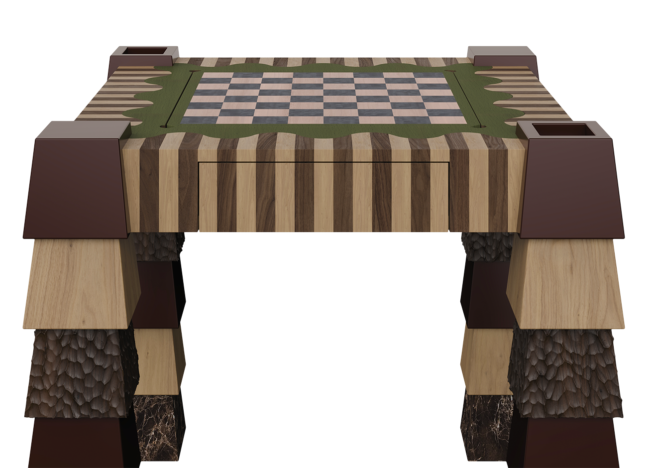 Front view of the Metaphorm Game Table showing the chessboard top with a green scalloped surround, a flush drawer in the striped walnut and oak apron, and four lacquered corner cups above the stacked legs.