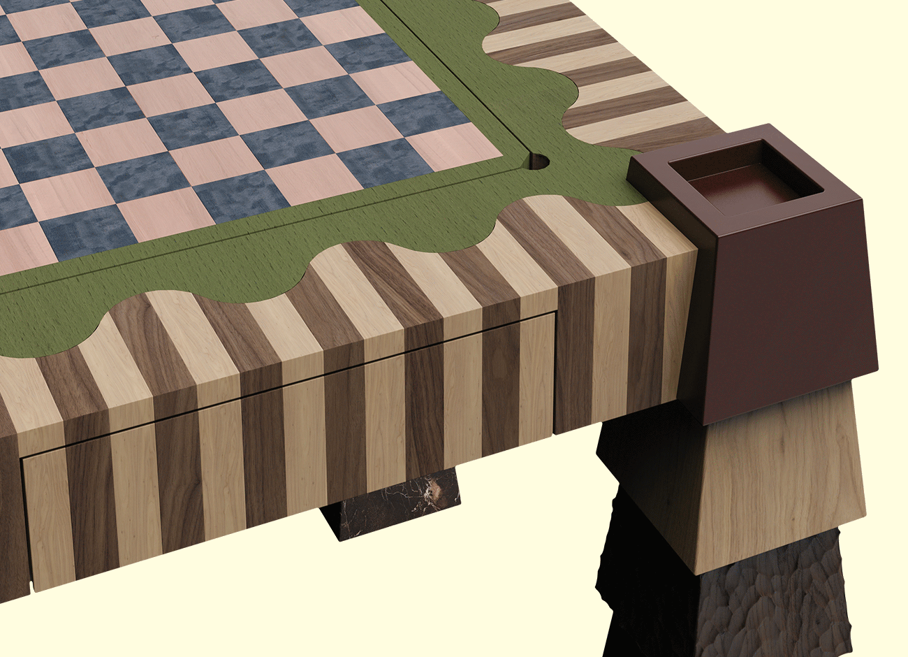Metaphorm Game Table extreme close-up showcasing the drawer opening and closing.